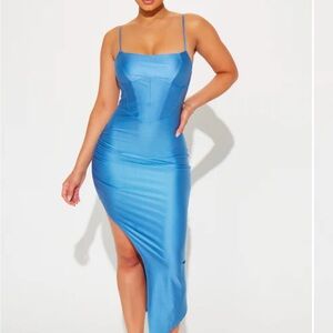Fashion Nova Blue Ruched Asymmetrical Bodycon Dress